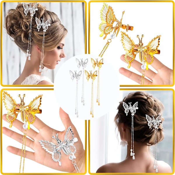 4 stk. (guld + sølv) sommerfuglehårklemmer, legering glitter B