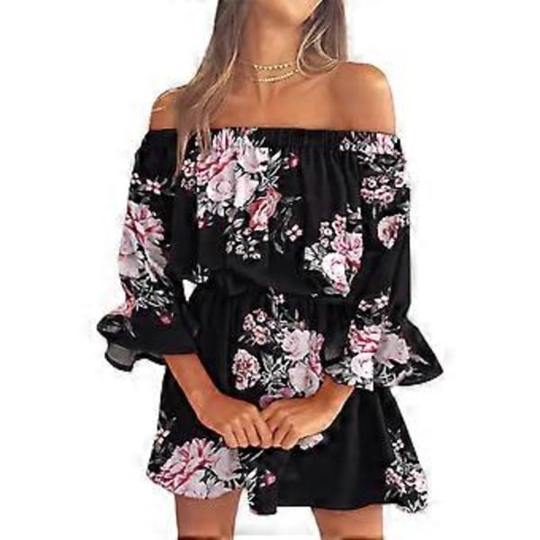 Dame Casual Blomsterprint Off Shoulder Trompetærme Swing Kjole (style6078)