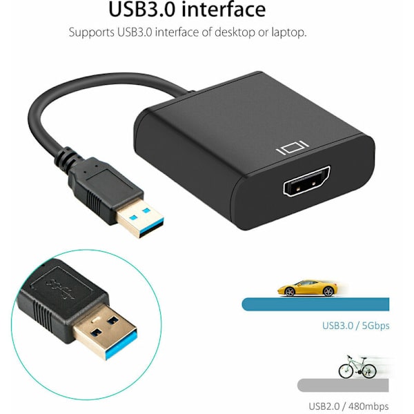 USB 3.0 till HDMI-konverterare, kabeladapter, svart