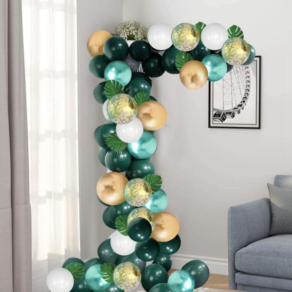 50 st Djungel Födelsedagsdekorationer, 12 Tum Guld Vita Gröna Ballonger