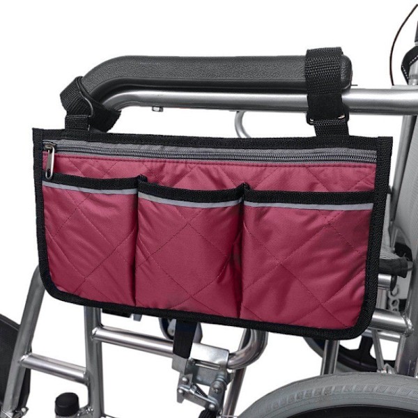 Rullstolsväska med fickor, vagnhängande väska, armstödsförvaringsväska, multifunktionell förvaringsväska med reflexremsa, röd
