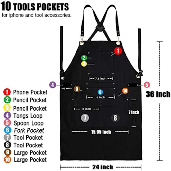 2 fickor, 10 fickor, justerbart förkläde i canvas