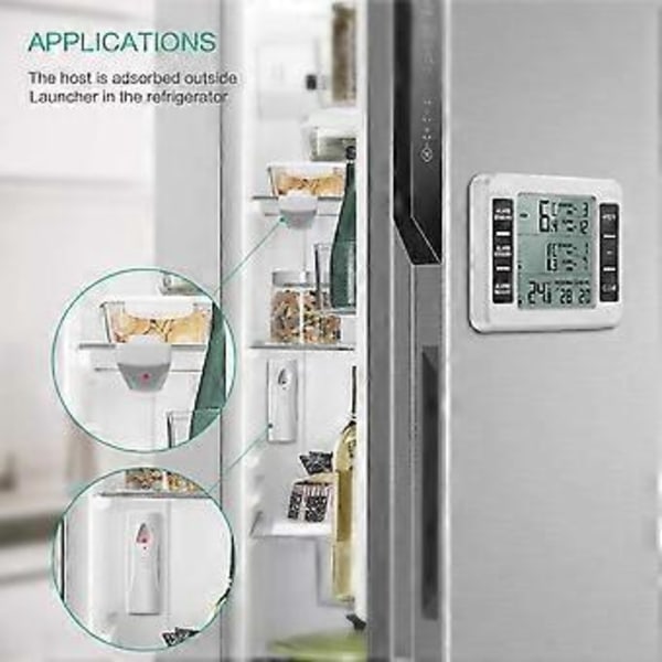 Kylskåpstermometer, trådlös digital frysskåpstermometer med 2 trådlösa sensorer, temperatur, hörbart alarm, min- och maxvisning, LCD-display f