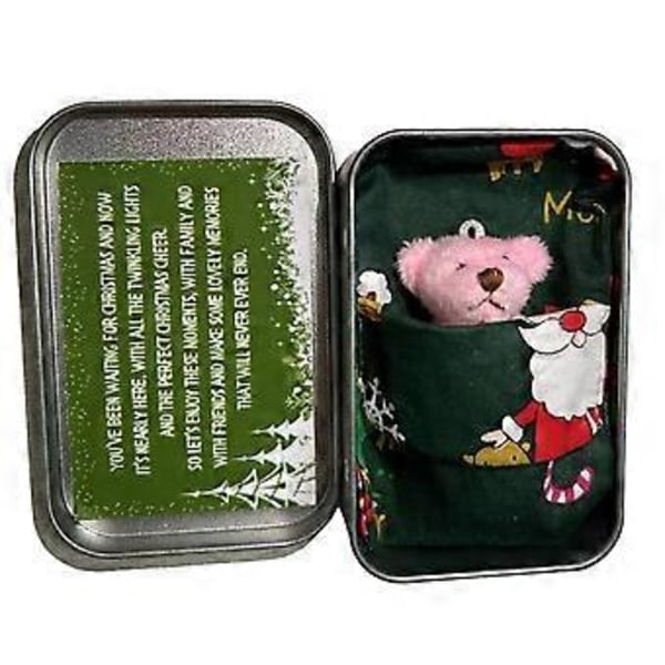 Jule Lille Lommebjørn Kram Blød Teddybjørn i en Jernæske, Mini Lommebjørn Plyslegetøj, Søde Udstoppede Dyr Teddybjørn Dukke Fødselsdag Julegaver f Pink Bearand Green Bag