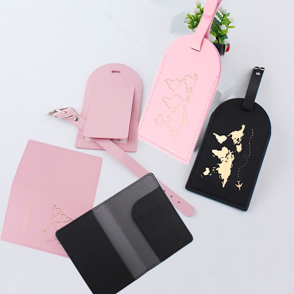 Rosa, svart - 2 bagasjelapper og 2 passholdere, skinnpass