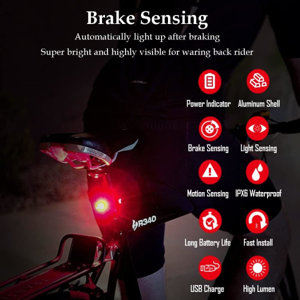 Smart cykelbakljus, bromssensor bakljus, automatisk på/av, W