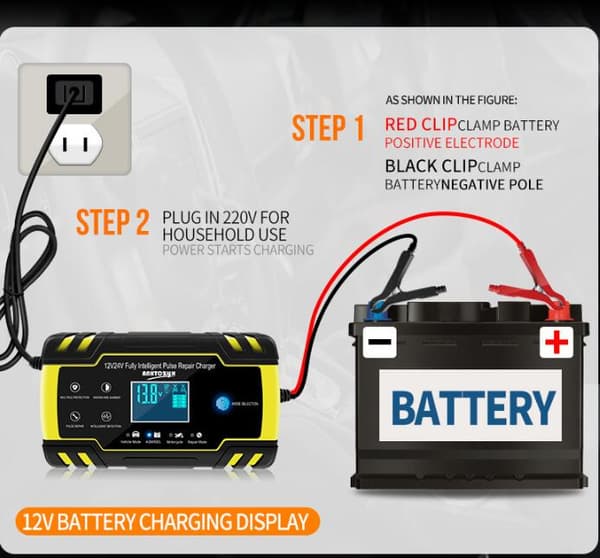 Bilbatterilader, 12V 8A, 24V 4A, Automatisk