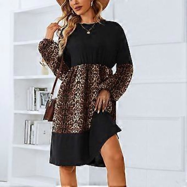 Damekjole Rund Hals Høj Talje Lanterne Lange Ærmer Leopard Print Casual Kjole til Kvinder