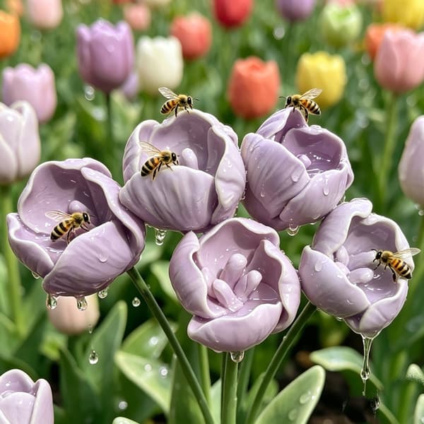 Bifoder, femfarvede dekorative havebiavlblomster, kunstig blomst porcelænspynt