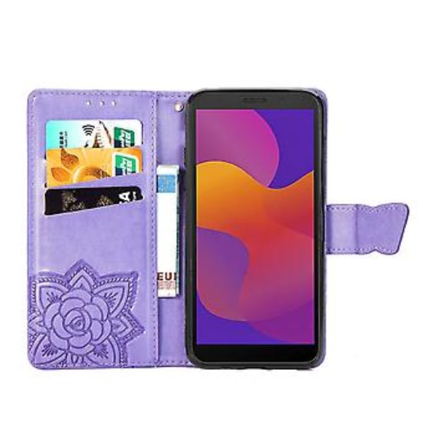 För Huawei Y5P 2020 Fjäril Kärlek Blomma Präglat Horisontellt Flip Läderfodral med Ställ / Kortplats / Plånbok / Snodd Light Purple