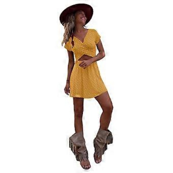 Dame Hollows Kjole Blomsterprint Flæse Talje Stram A-linje V-Hals Kjoler Korte Ærmer Outfits til Daglig Brug Gul L Yellow L