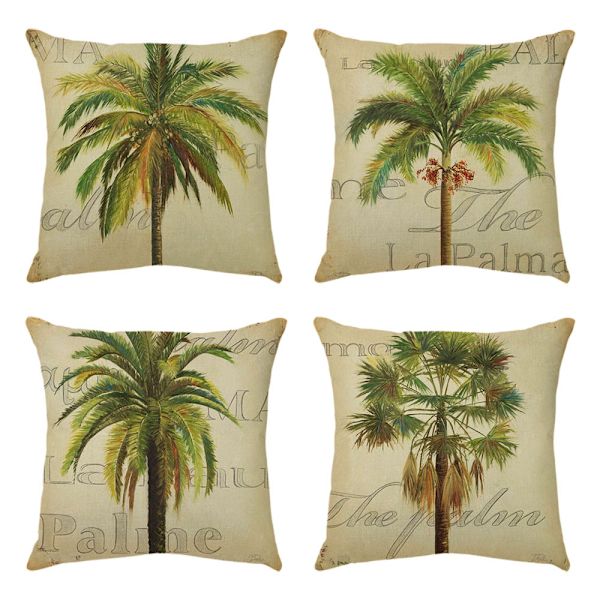 Sæt med 4 pudebetræk 45 x 45 cm tropiske træer polyester linned