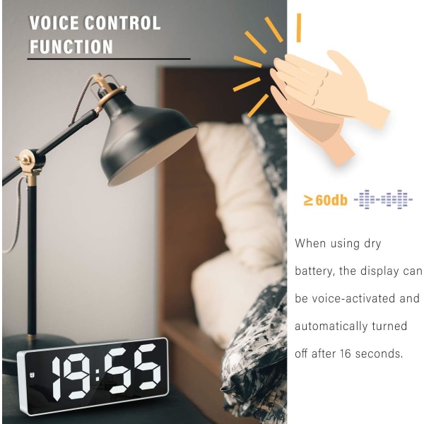 Vit - Digital väckarklocka, 67\" LED-spegel digital sängklocka