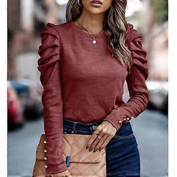 Dame Puff Langærmet Top Rund Hals Knap Dekoration Løs Pasform Casual Pullover Bluse Vinrød S