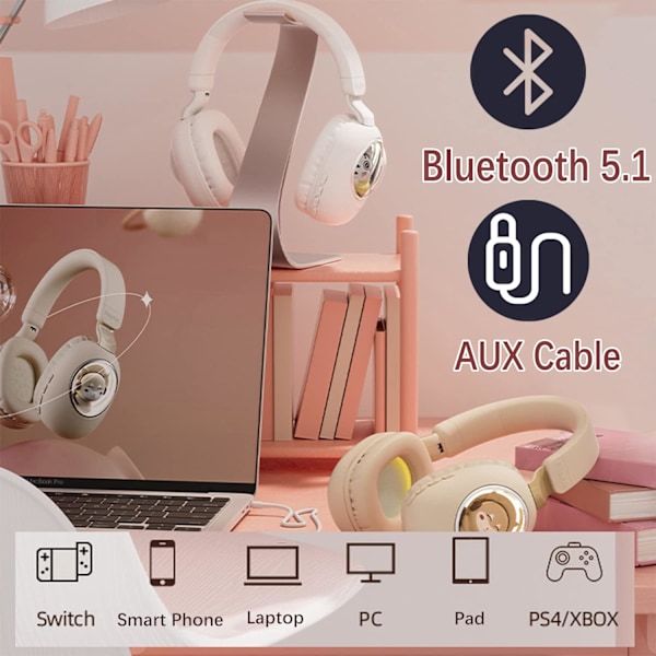 Bluetooth 5.1 Over-Ear-hovedtelefoner med RGB Cute Cat, trådløse folde