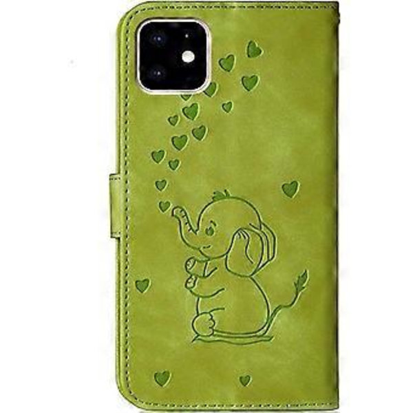 iPhone 11 Mobilskal, Härligt Elefant Älskar Hjärta Tecknat Mönster med Kortplats, Vikbart Ställ, Magnetiskt Flipskydd, Kompatibelt för iPhone 11-Grön