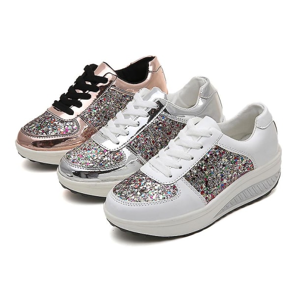 Damkilar Wedge Sneakers, Blanka Snörning Wedge Skor, Andningsbara Höjdökande Skor Clog Skor.41.sliver