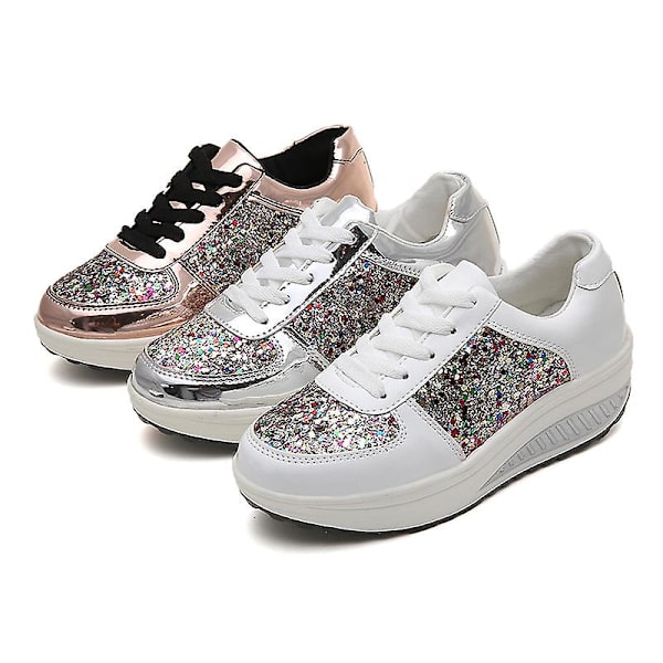 Kile Sneakers til kvinder, skinnende snørebånd kile sko, åndbare højdeforøgende sko træsko.40.sliver