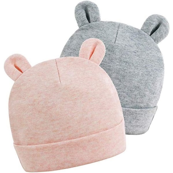 2-pack, rosa och grå nyfödd mössa i bomull Lovely Bear Ear Baby