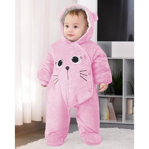 Babyhuvtröja i ull, snöjacka, tecknad jumpsuit, höst- och vinterkläder, rosa 0-3 månader