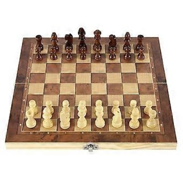 3 i 1 Skak Dam Backgammon Spillesæt med Sammenklappeligt Træbræt til Opbevaring, Bærbart Rejse Puslespil Brætspil Combo Sæt til Børn & Voksne