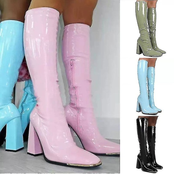 Women Boots Square Heel Patent Leather Pointed Toe Knee High Boots Winter Boot Side Zipper Long.40.Blue