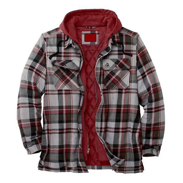 Quiltad tjock rutig långärmad lös jacka herrhuvtröja quiltad fodrad flanell.XL.Röd