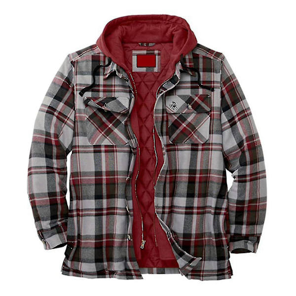 Quiltet Tyk Plaid Langærmet Løs Jakke Herre Hættetrøje Quiltet Foret Flanel.XL.Rød Red XL