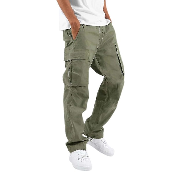 Menn Komfortabelt arbeidstøy Bomull Lin Multi-lomme Uformell Løs Baggy Long Cargo Pants.5XL.Grønn
