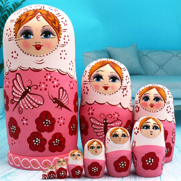 Merke av hekkende dukker, 10 stykker, serie med russiske dukker pupp