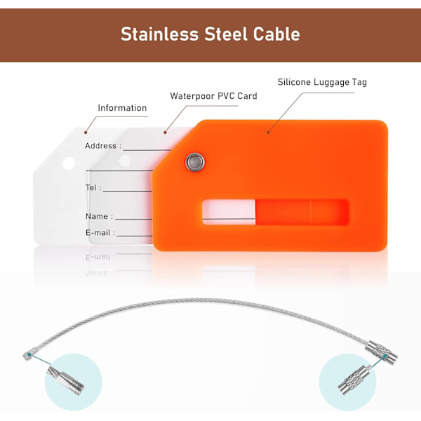 (Oranssi), 2 pakkausta silikonisia matkatavarakortteja, joissa on henkilökortti, silikoninen matkatavara