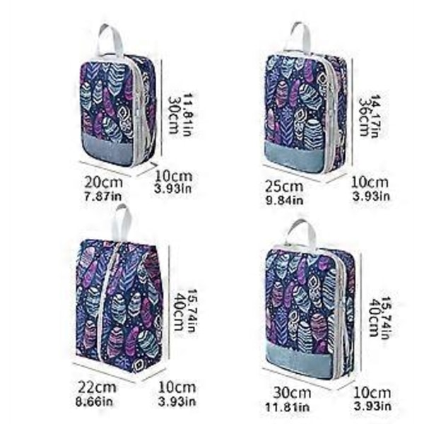 Pakke med 4 effektive kuffertorganiseringsposer med delikat print, kompressionsbagagekuber til pladsbesparende rejser 1