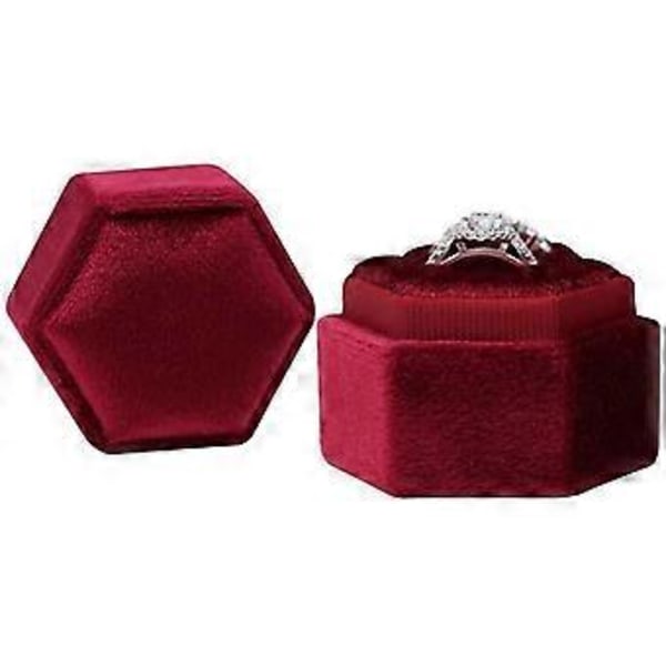 Hexagon Sammets Dubbla Fack Ring Arvaskrin Förlovningsringask Förslagask Ringvisningshållare (Röd)