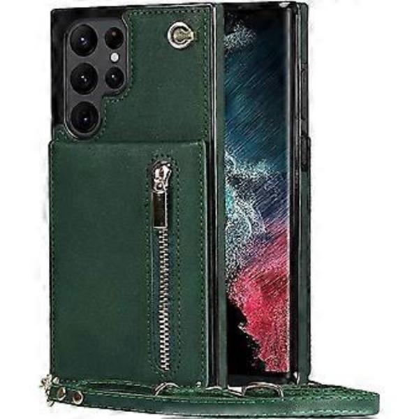 Plånboksfodral i Läder för Samsung Galaxy S21 Ultra 5G Crossbody med Rem Korthållare 6.8'' Ställbart Flipfodral (grön)