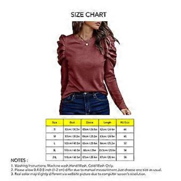 Dame Puff Langærmet Top Rund Hals Knap Dekoration Løs Pasform Casual Pullover Bluse Vinrød S