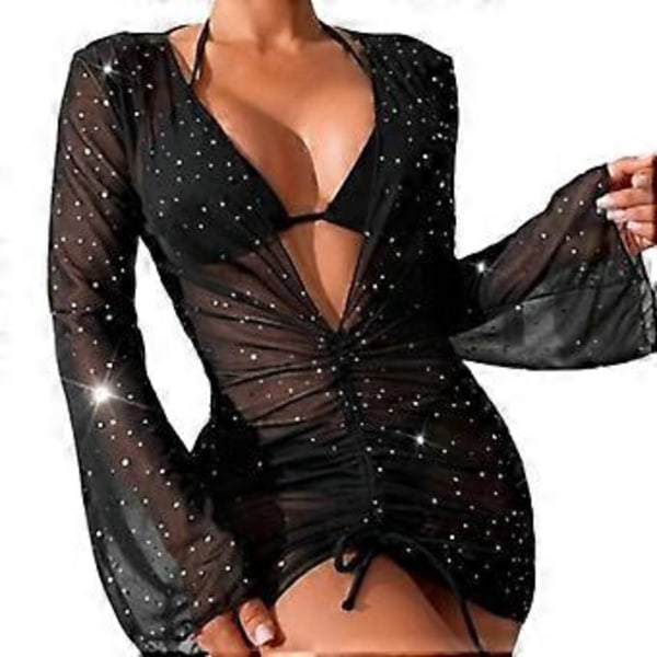 3 stk. trekantsbikinisæt til kvinder med langærmet strandslag, halterneck-bikinitop og -underdel, bikinis badedragt sort XL XL