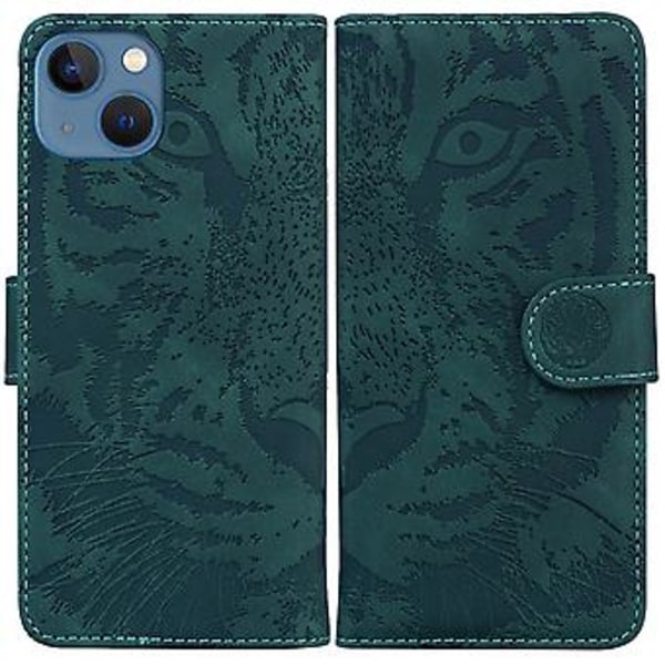 Tiger Präglat Läderfodral För iPhone 14 Green