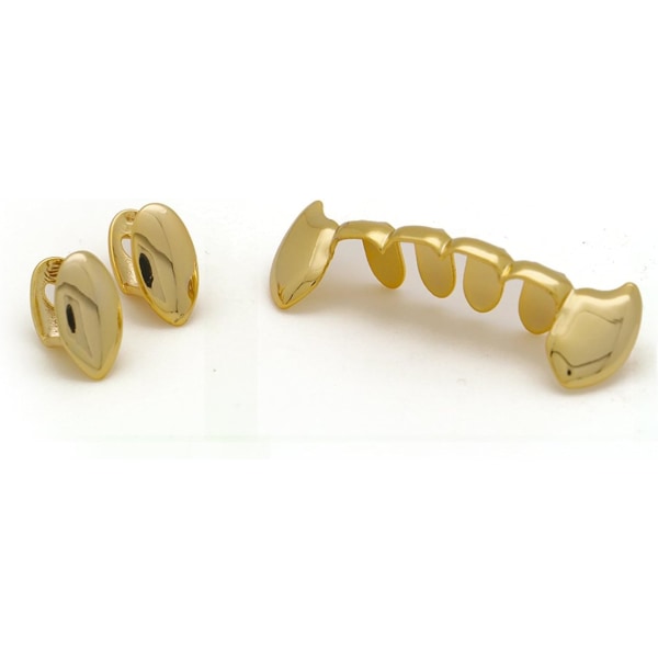 14k Guld Vampyr Dracula Tænder Grillz 2pc Enkelt Fangs og 6 Bund