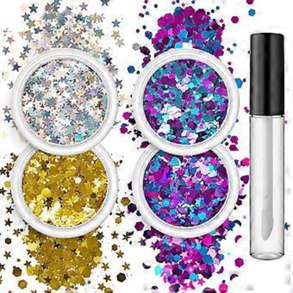 4 Ask Festival Paljetter Glitter Pulver Holografisk Glitter Kosmetisk Ansikte Kropp Öga Hår Nagelkonst Tumlare Löst Glitter Set of 7