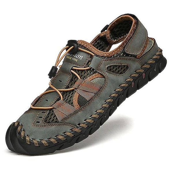 Men&#39;s Sandals Flat Sandals Fashion Sandals Leather Sandals Hand Stitching Casual Beach Outdoor Beach Cowhide Breathabl-happygo.43.Green