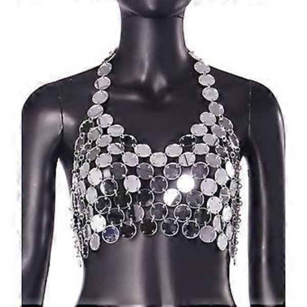 Bohemsk Paljett Kroppskjede Halter Glitter Bikini Brystkjeder BH Nattklubb Kroppstilbehør Smykker for Kvinner Jenter Sølv Silver