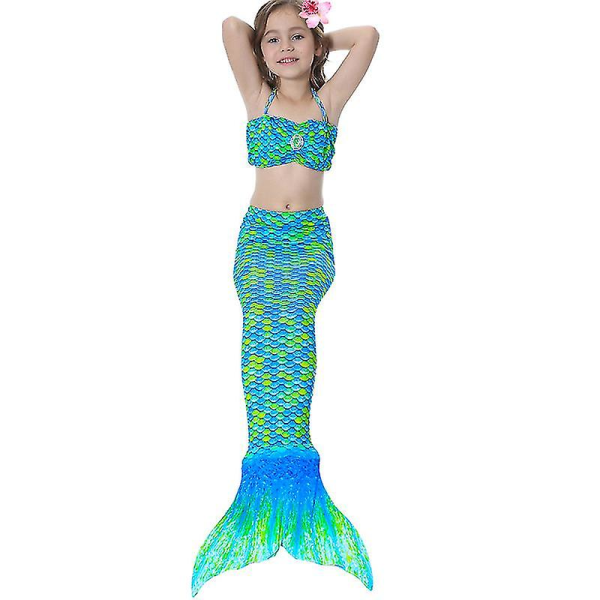 Børn Piger Mermaid Tail Bikini Sæt Badetøj Badedragt Svømmekostume -allin.10-11 Years.Green