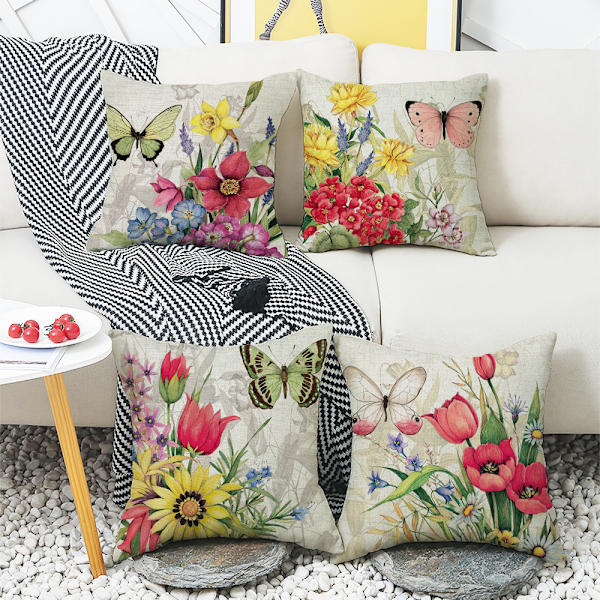 Putetrekk, sett med 4-45 x 45cm bomull og lin Daisy Flower Pr