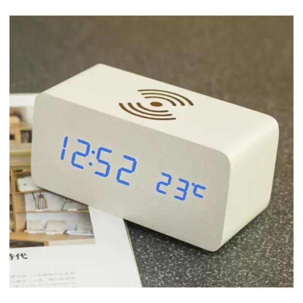 Trä Laddningsbar Trådlös Digital Väckarklocka Cloc LED Alarm C