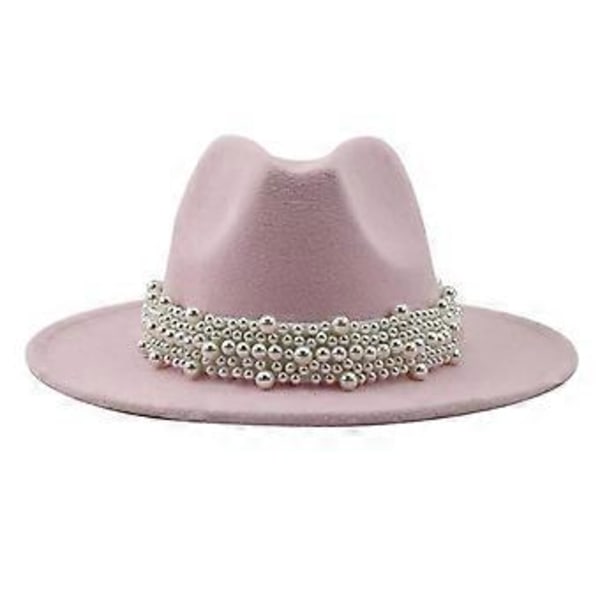Cashmere Fedora-hatte med bred skygge til kvinder og mænd, elegante hatte ensfarvet Panama-hat med perlebesat dekorativ skygge (Pink)