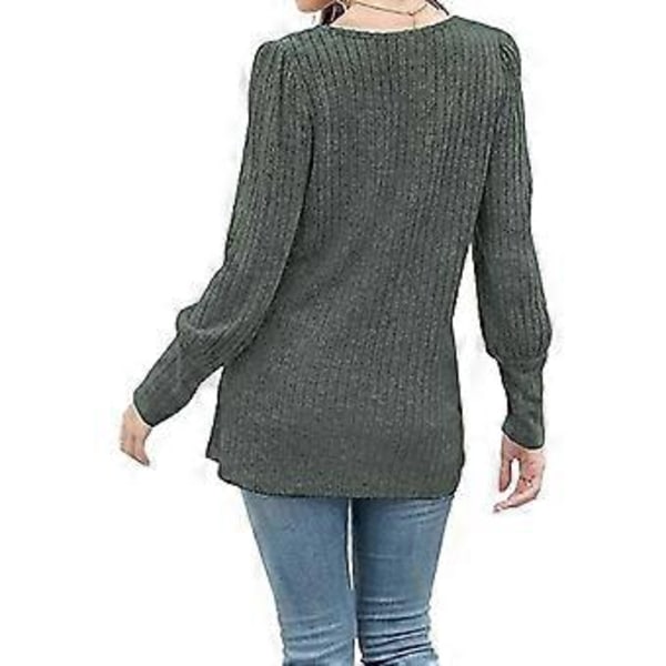 Dam Topp Lång Puffärm Knapp Enfärgad Elegant Damtröja för Arbete Vardag Semester OD Grön XL