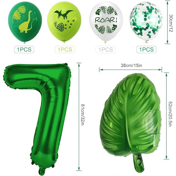 Dino 7:e födelsedagsfest ballonger, barnkalasdekoration 7:e födelsedag