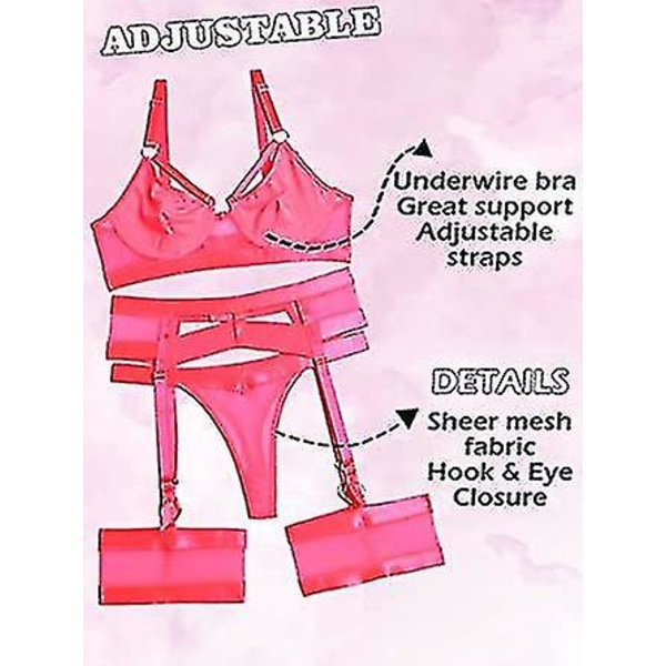 Sexig underklädesset för kvinnor 4 delar bh och trosset med strumpeband Strappy underklädesset med lårband.L.rosa