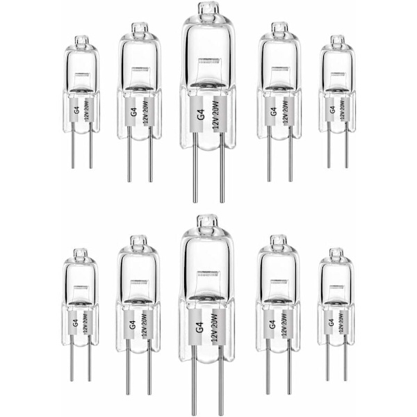 10 st G4 halogenlampor 20W 12V varmvit 2700K klar kapsel dimbar