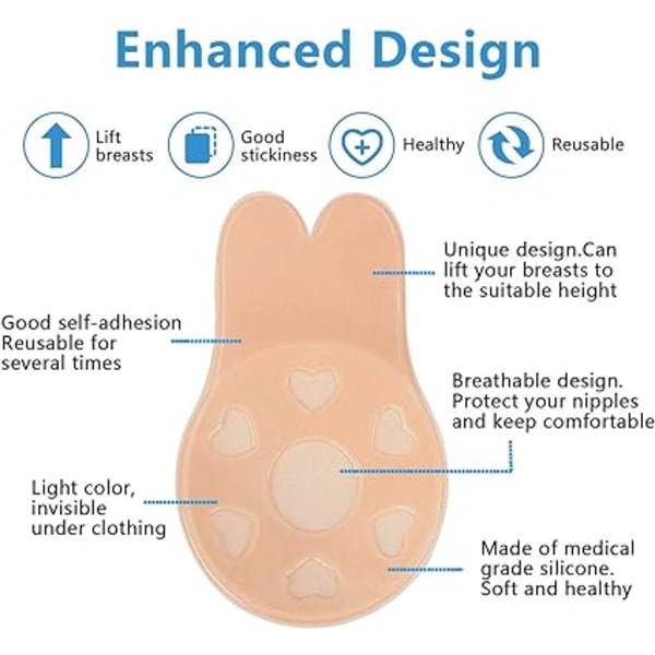 2 par klistre BH, brystløft selvklebende BH, usynlig silikon BH